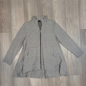 KOZAN Grey Striped Full Zip Mock Neck A-Line Jacket Size Medium Lagenlook